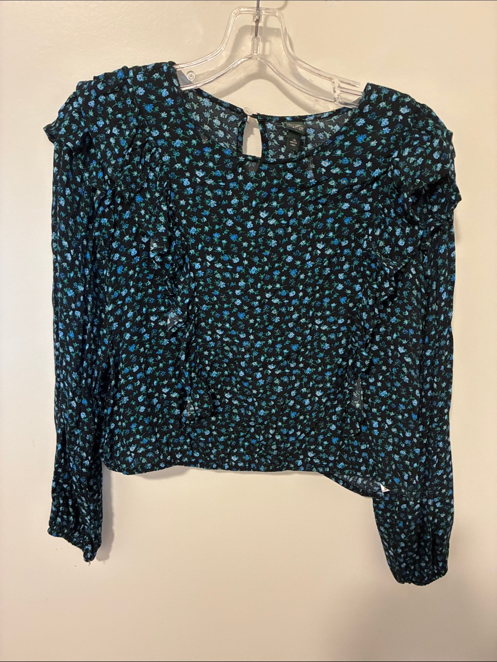Wild Fable XXL Black/Blue/Green Floral Ruffle Long Sleeve Rayon Blouse